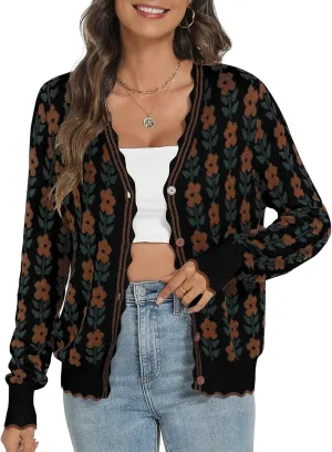 Women's Lightweight Cardigans Casual Long Sleeve V-Neck Button Print Sweaters Open Front Outerwear