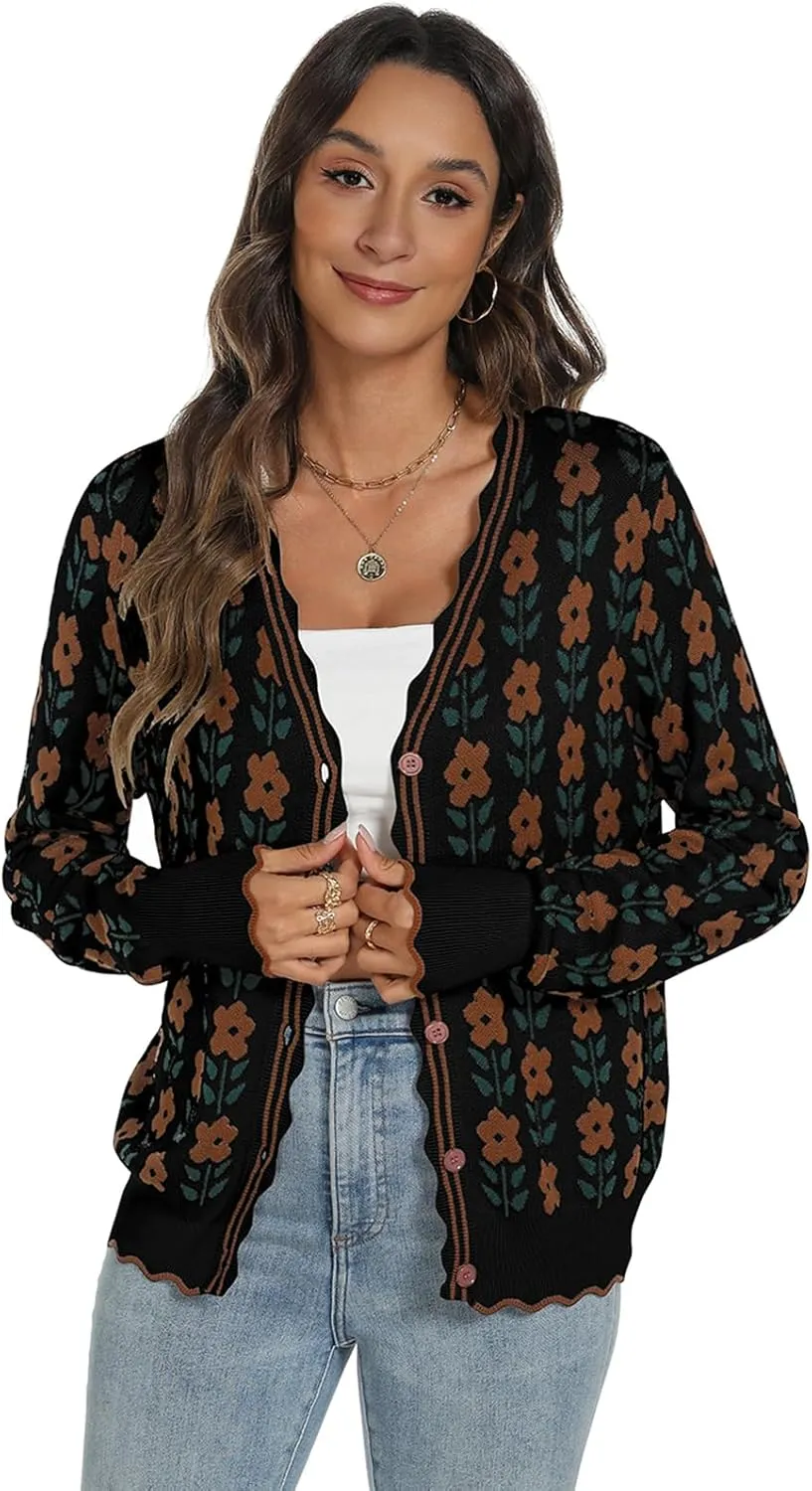 Women's Lightweight Cardigans Casual Long Sleeve V-Neck Button Print Sweaters Open Front Outerwear
