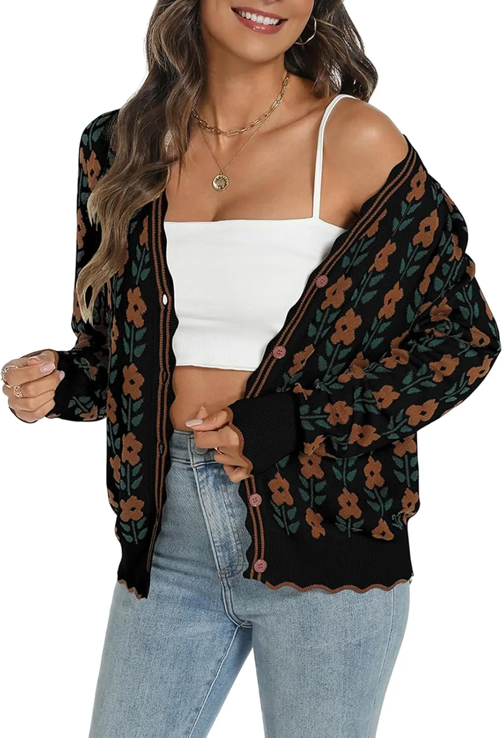 Women's Lightweight Cardigans Casual Long Sleeve V-Neck Button Print Sweaters Open Front Outerwear