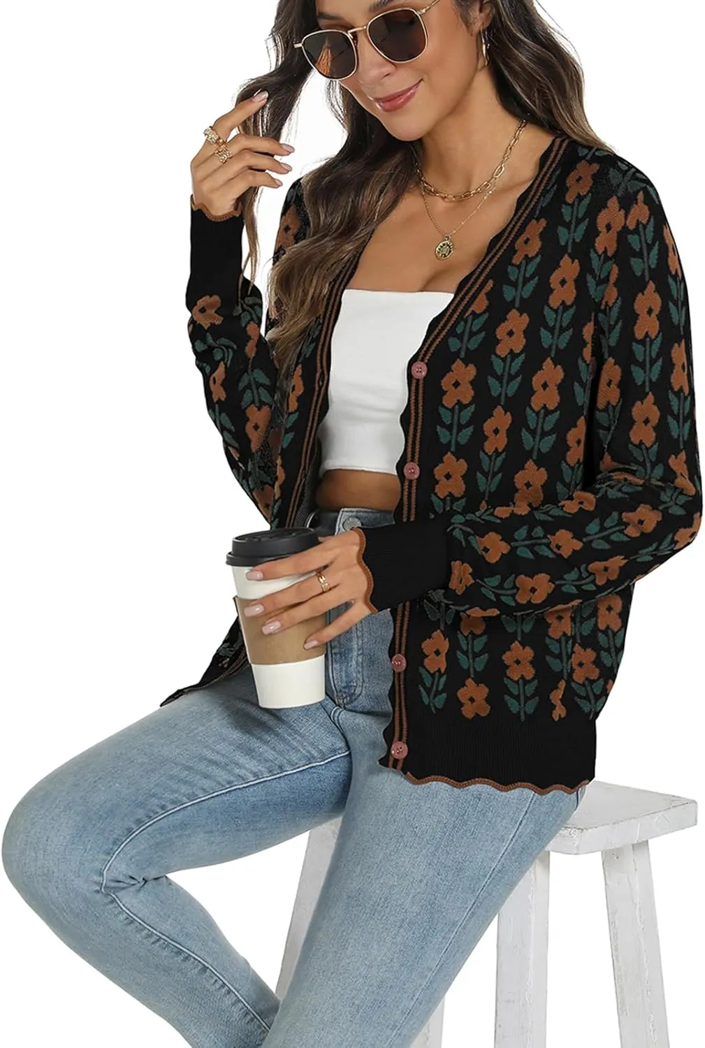 Women's Lightweight Cardigans Casual Long Sleeve V-Neck Button Print Sweaters Open Front Outerwear