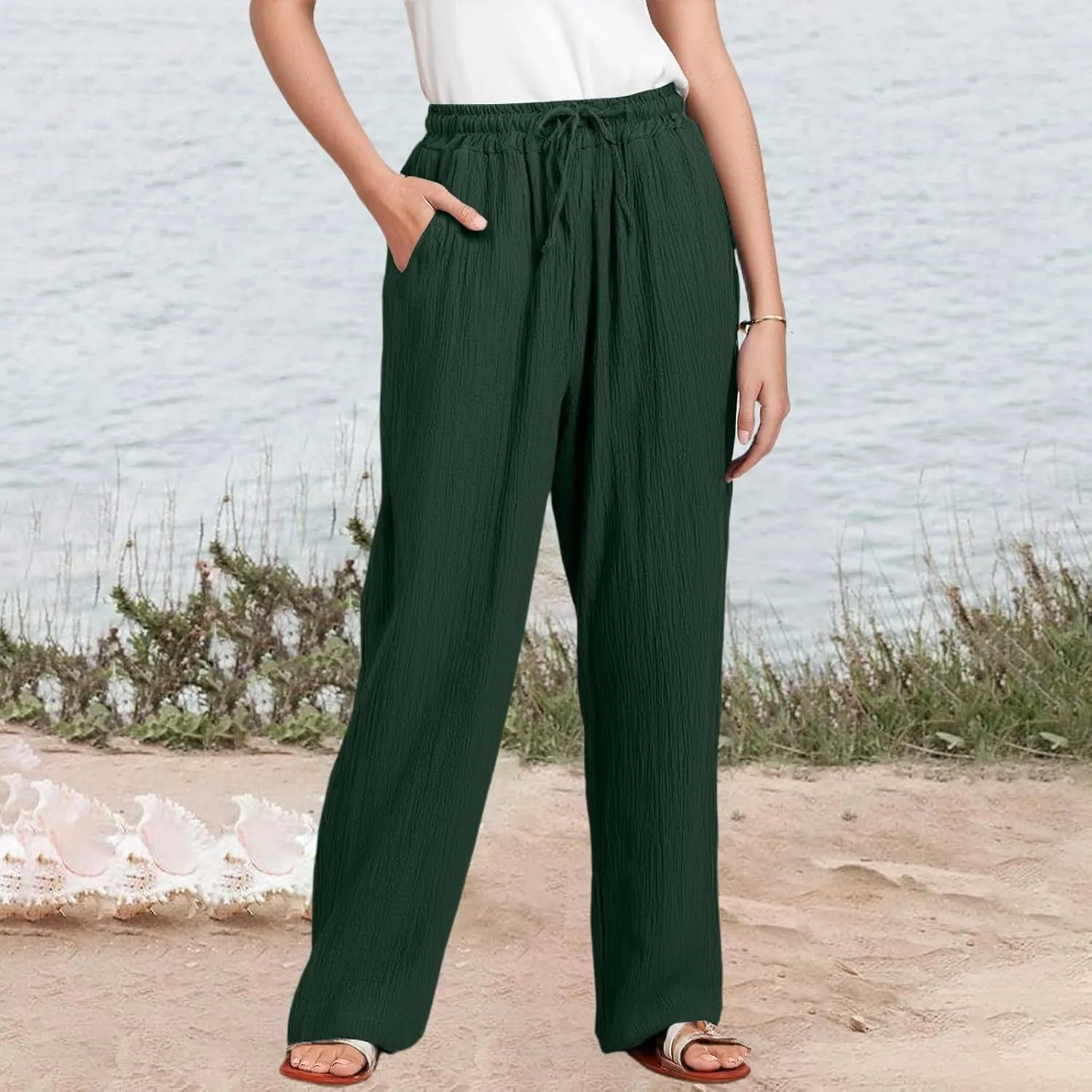 Womens Linen Pants Straight Leg Elastic Drawstring Casual Trousers Beach Lounge Pants with Pockets