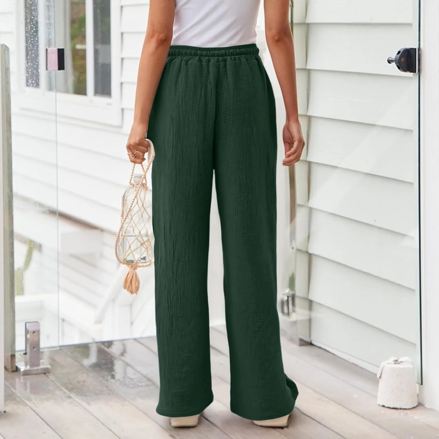 Womens Linen Pants Straight Leg Elastic Drawstring Casual Trousers Beach Lounge Pants with Pockets