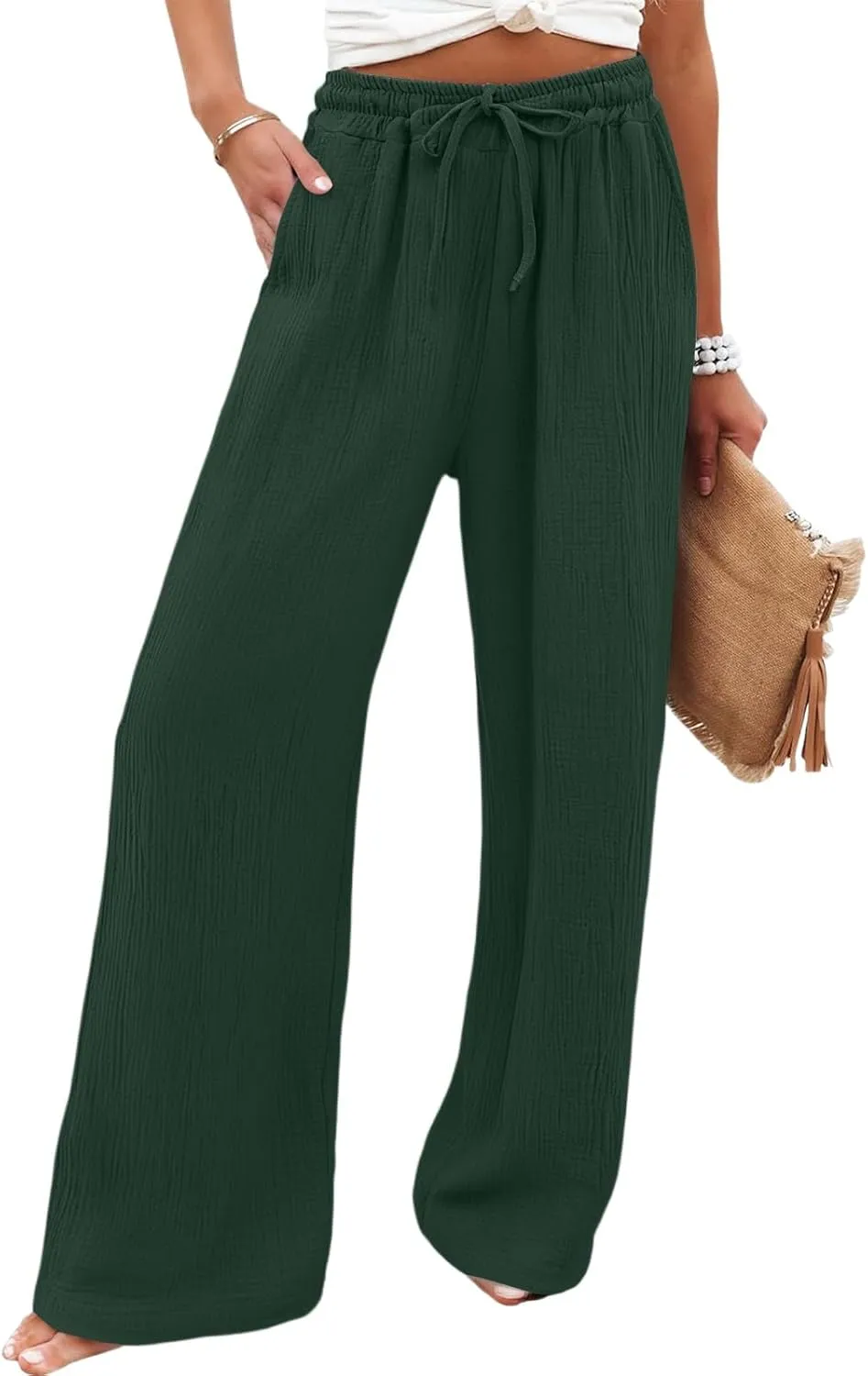 Womens Linen Pants Straight Leg Elastic Drawstring Casual Trousers Beach Lounge Pants with Pockets