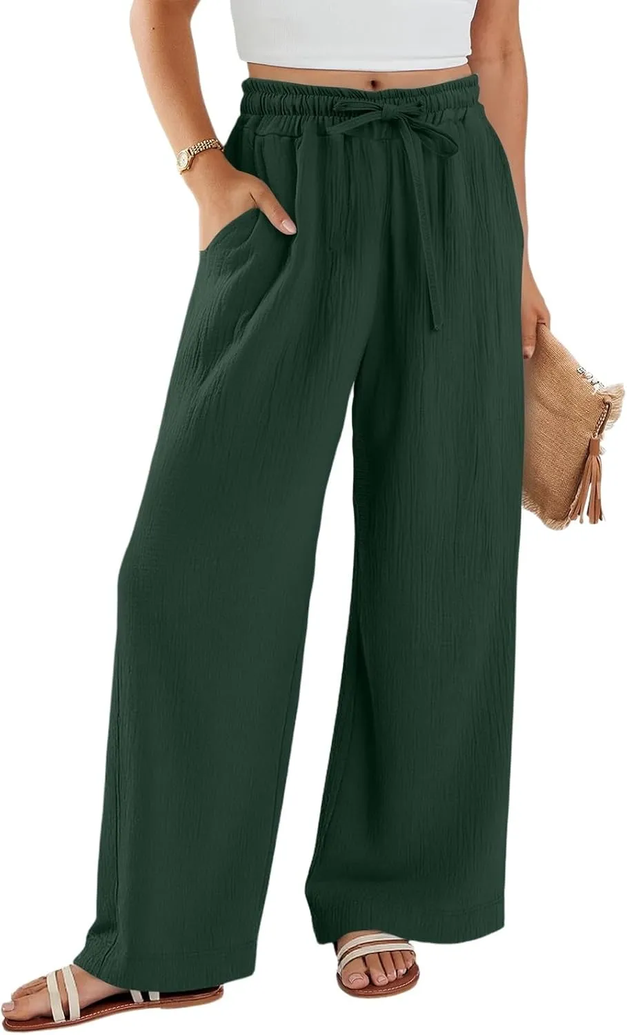 Womens Linen Pants Straight Leg Elastic Drawstring Casual Trousers Beach Lounge Pants with Pockets