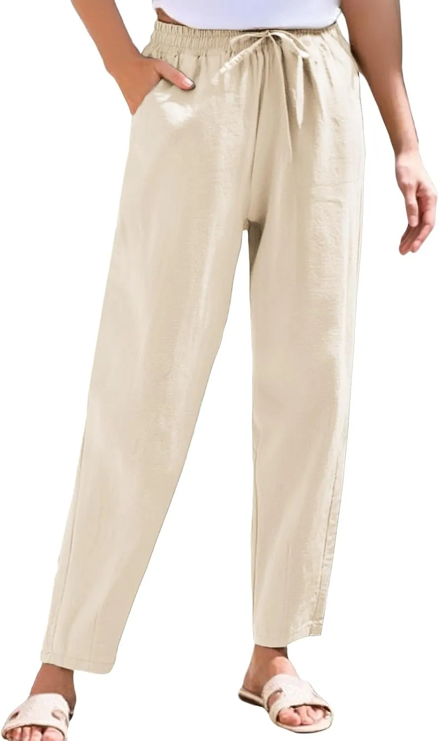 Women's Linen Straight Leg Pants Cotton Elastic Drawstring Casual Trousers with Pockets Summer Beach Lounge Pants