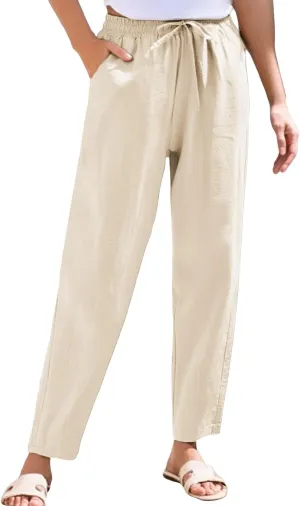Women's Linen Straight Leg Pants Cotton Elastic Drawstring Casual Trousers with Pockets Summer Beach Lounge Pants
