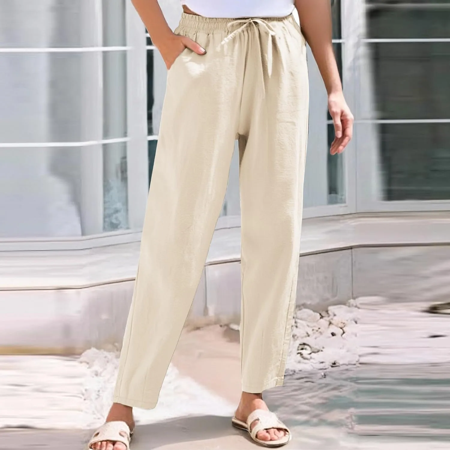Women's Linen Straight Leg Pants Cotton Elastic Drawstring Casual Trousers with Pockets Summer Beach Lounge Pants