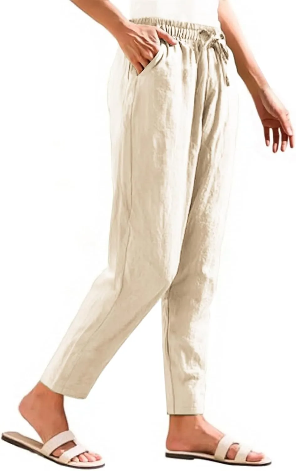 Women's Linen Straight Leg Pants Cotton Elastic Drawstring Casual Trousers with Pockets Summer Beach Lounge Pants