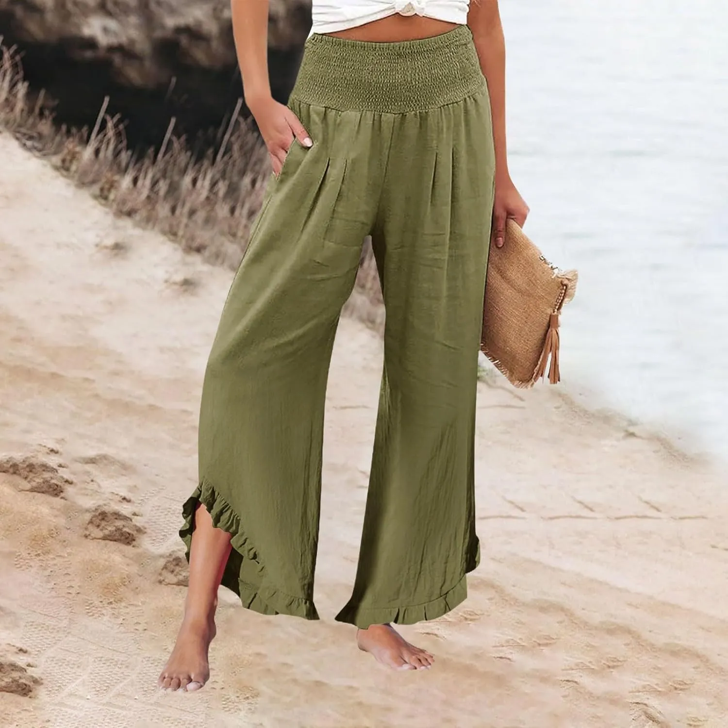 Women's Pants High Waisted Straight Leg Work,Womens Dress Sweatpants Petite, Linen Cotton Slit Baggy Waist