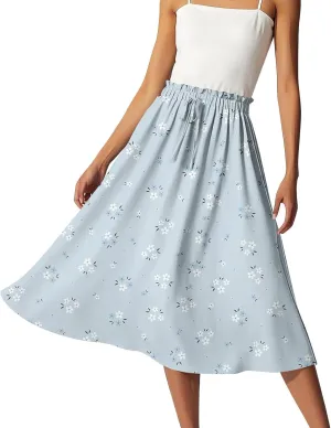 Womens Work Skirts Summer Drawstring Elastic Waist Midi Skirt Work A Line Floral Print Smocked Knee Length Skirts