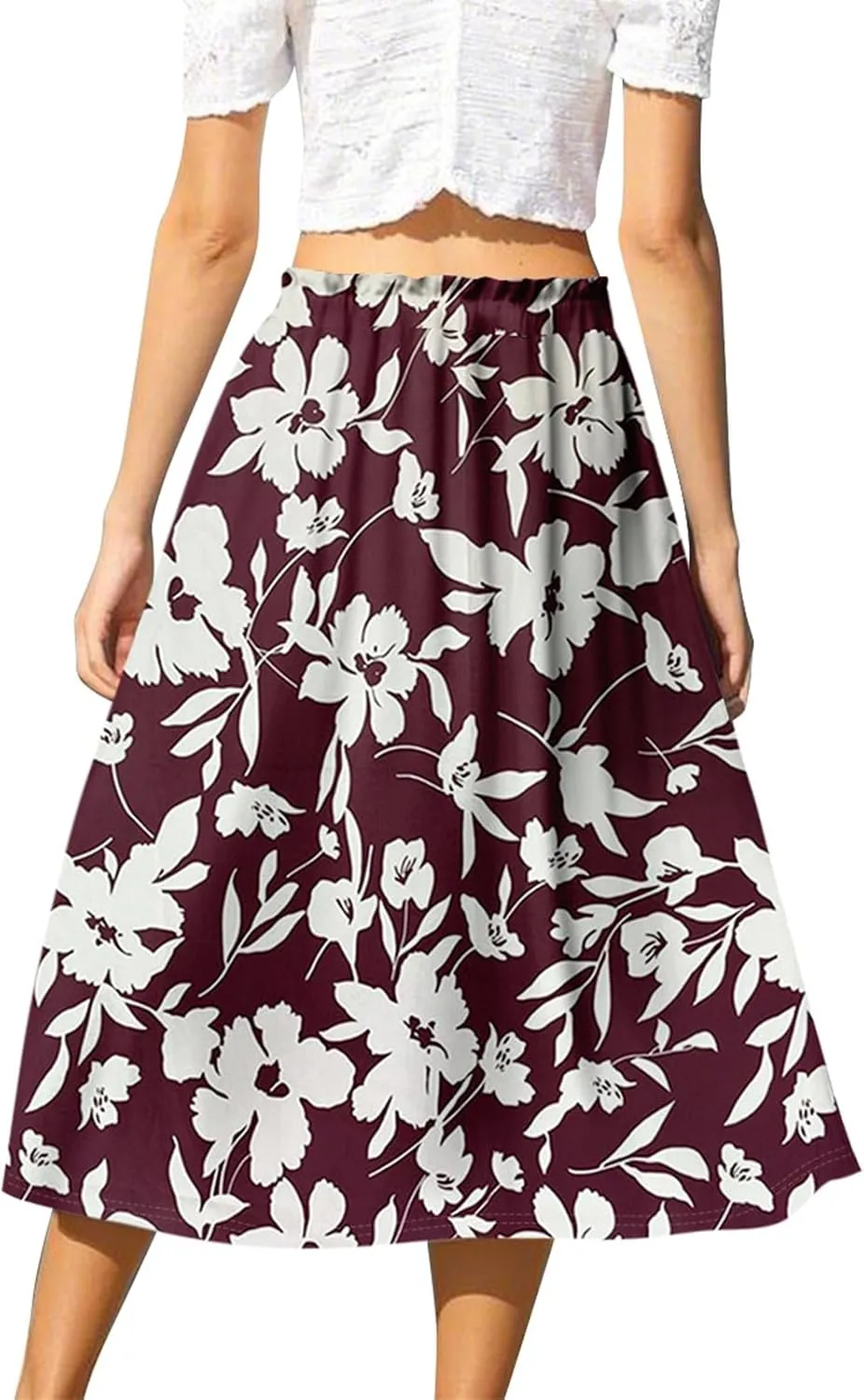 Womens Work Skirts Summer Drawstring Elastic Waist Midi Skirt Work A Line Floral Print Smocked Knee Length Skirts