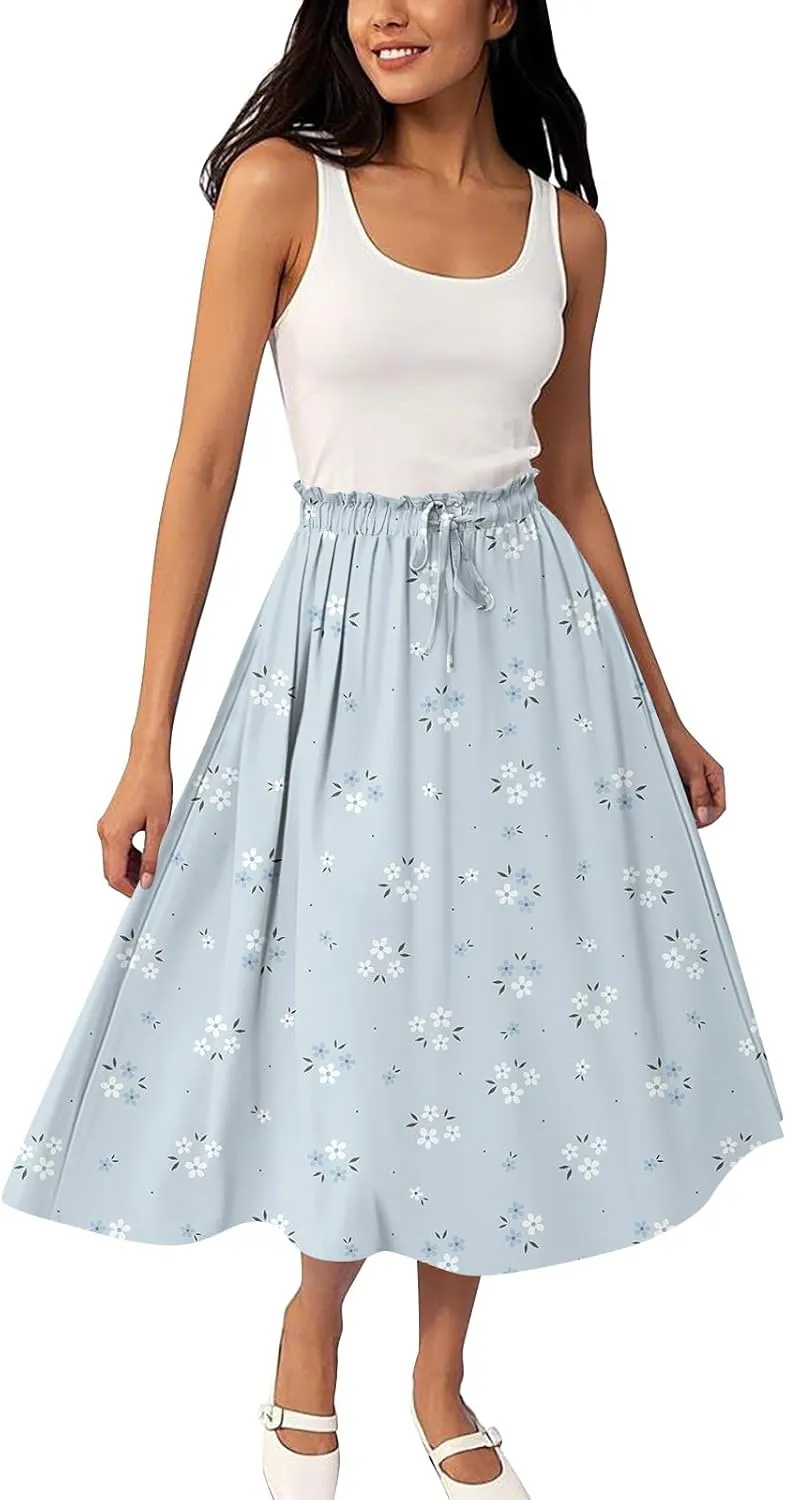 Womens Work Skirts Summer Drawstring Elastic Waist Midi Skirt Work A Line Floral Print Smocked Knee Length Skirts