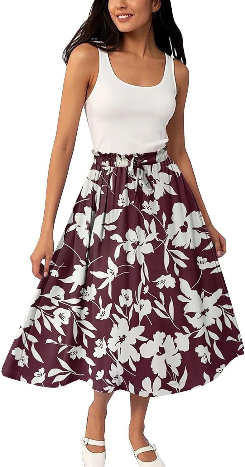 Womens Work Skirts Summer Drawstring Elastic Waist Midi Skirt Work A Line Floral Print Smocked Knee Length Skirts