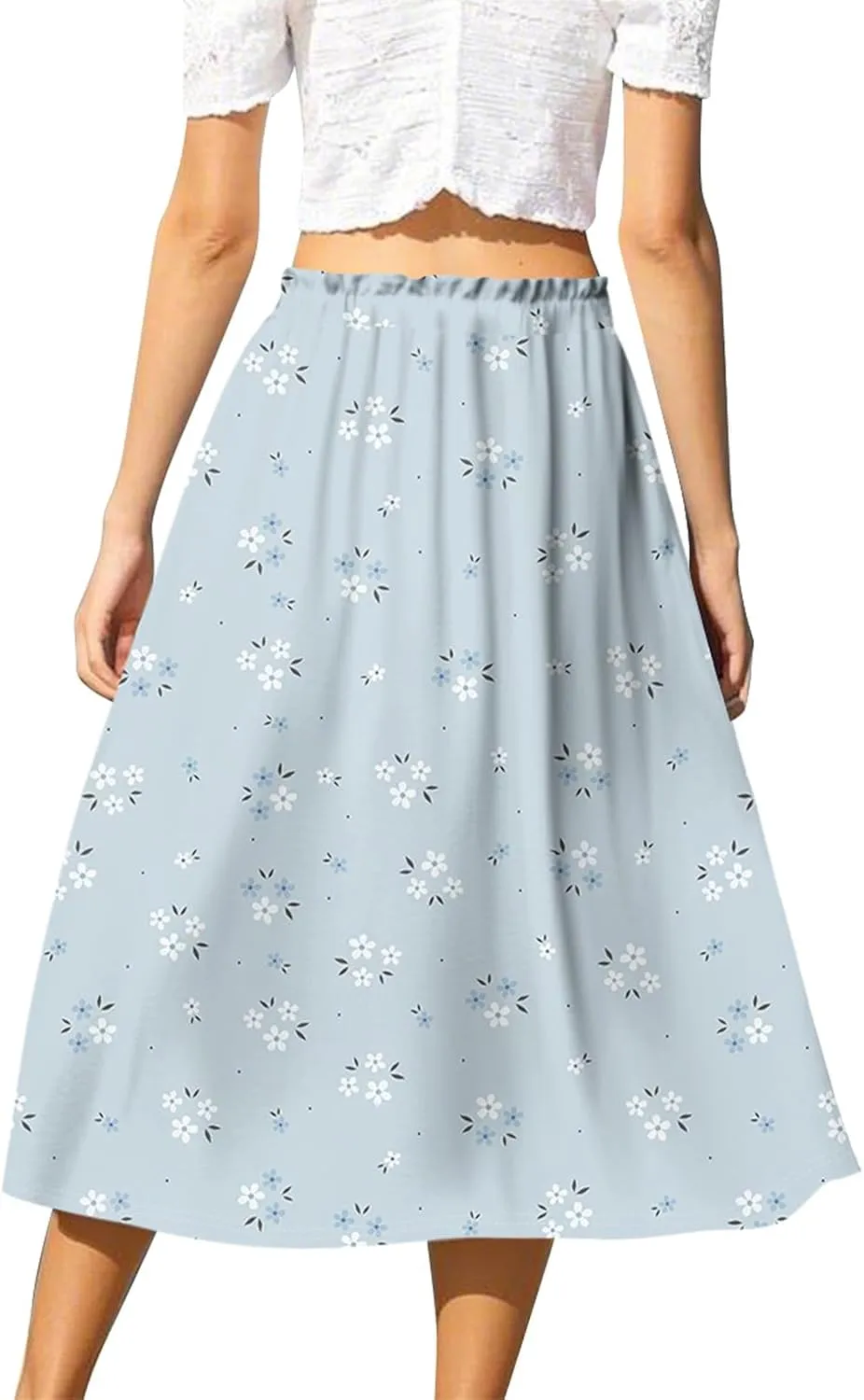 Womens Work Skirts Summer Drawstring Elastic Waist Midi Skirt Work A Line Floral Print Smocked Knee Length Skirts