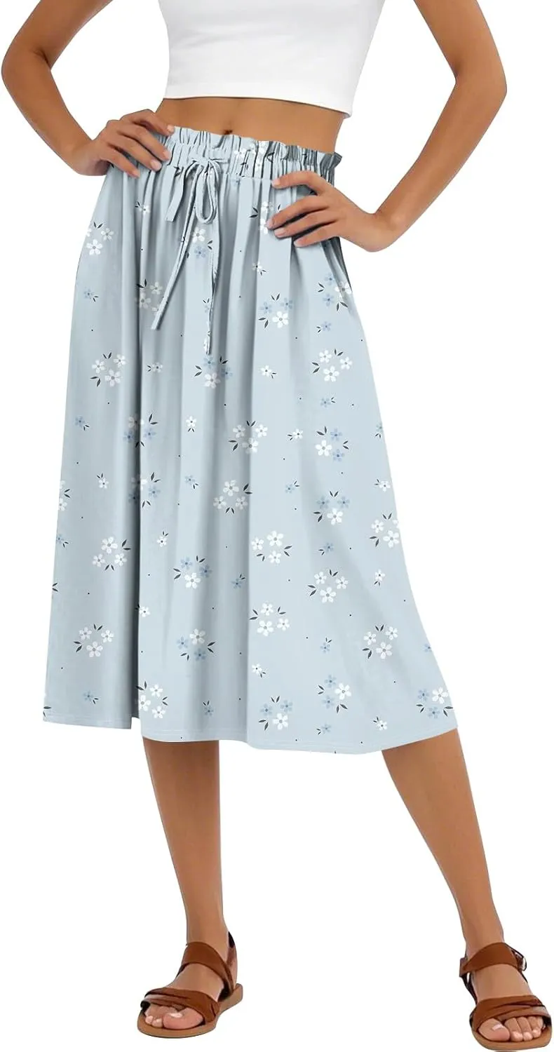 Womens Work Skirts Summer Drawstring Elastic Waist Midi Skirt Work A Line Floral Print Smocked Knee Length Skirts