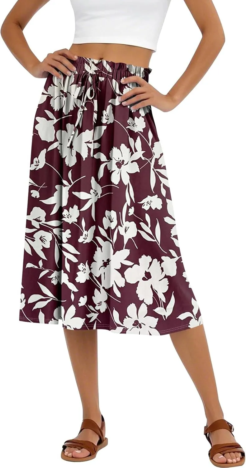 Womens Work Skirts Summer Drawstring Elastic Waist Midi Skirt Work A Line Floral Print Smocked Knee Length Skirts