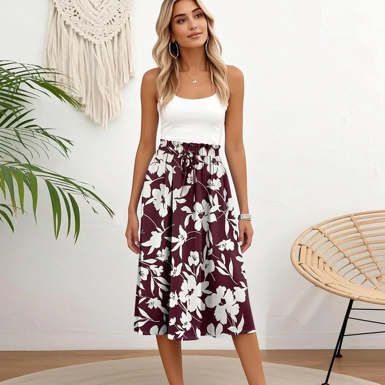 Womens Work Skirts Summer Drawstring Elastic Waist Midi Skirt Work A Line Floral Print Smocked Knee Length Skirts