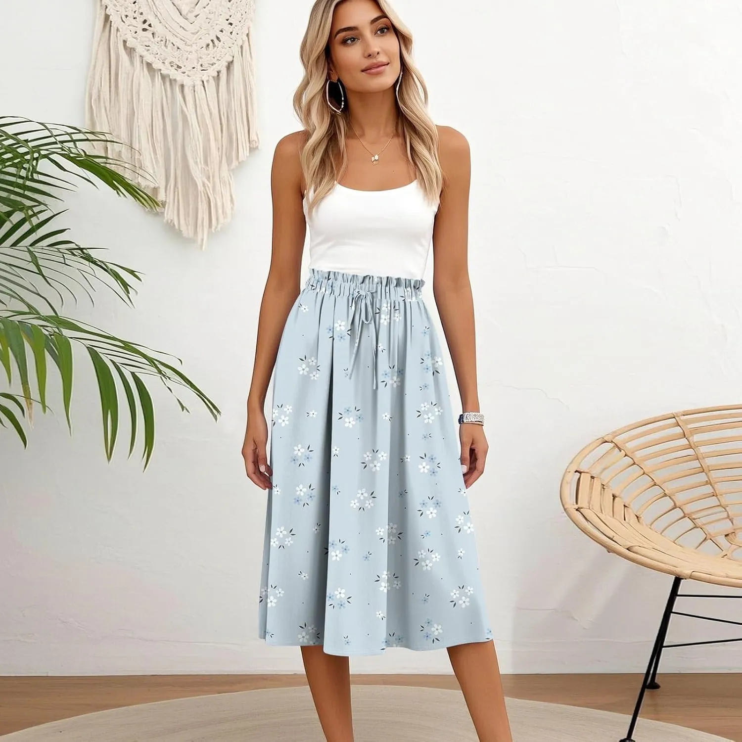 Womens Work Skirts Summer Drawstring Elastic Waist Midi Skirt Work A Line Floral Print Smocked Knee Length Skirts