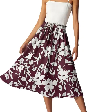 Womens Work Skirts Summer Drawstring Elastic Waist Midi Skirt Work A Line Floral Print Smocked Knee Length Skirts