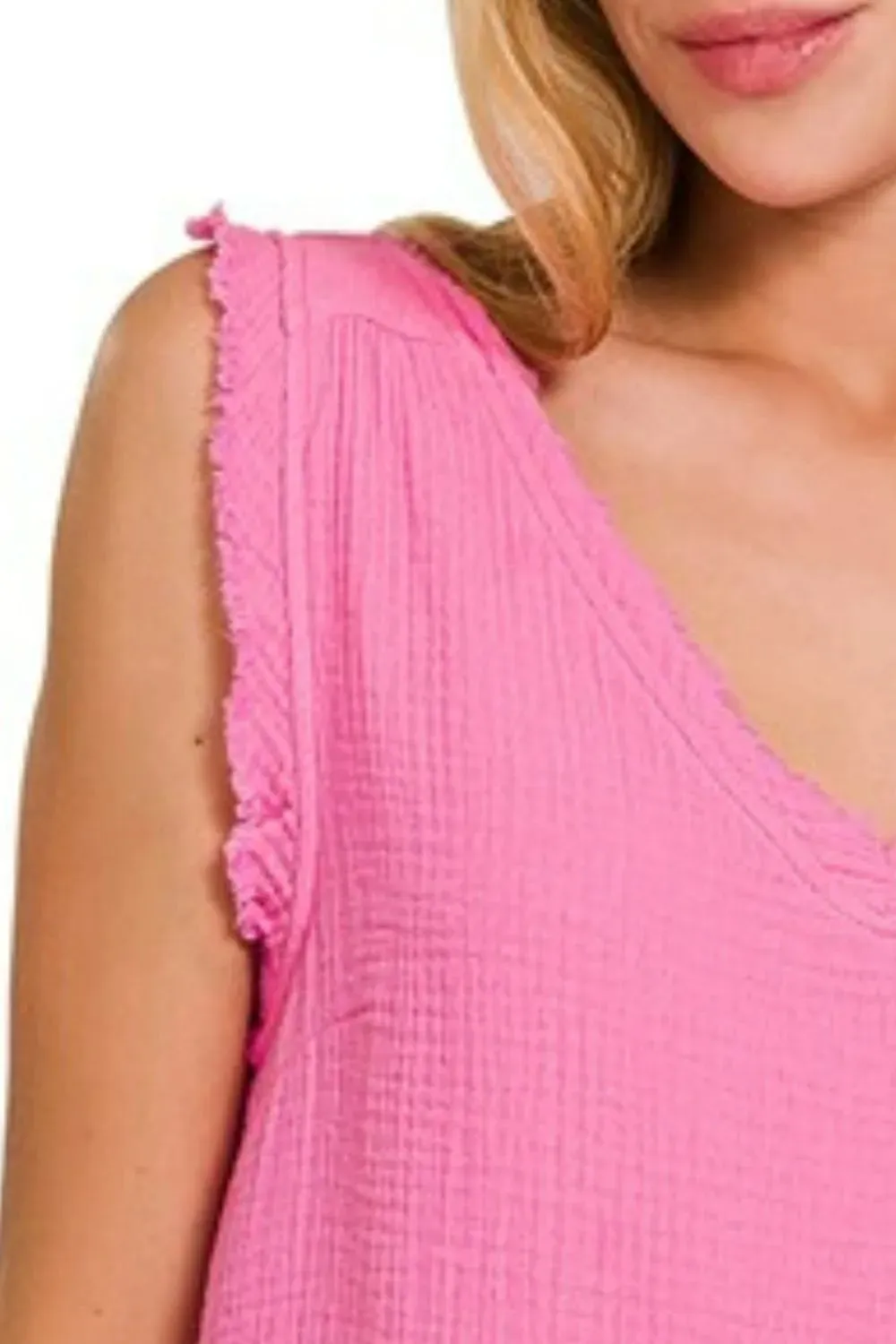 Zenana Double Gauze Raw Edge V-Neck Tank In Lt Fuchsia
