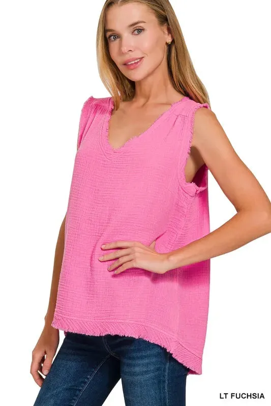 Zenana Double Gauze Raw Edge V-Neck Tank In Lt Fuchsia