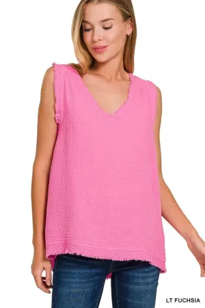 Zenana Double Gauze Raw Edge V-Neck Tank In Lt Fuchsia